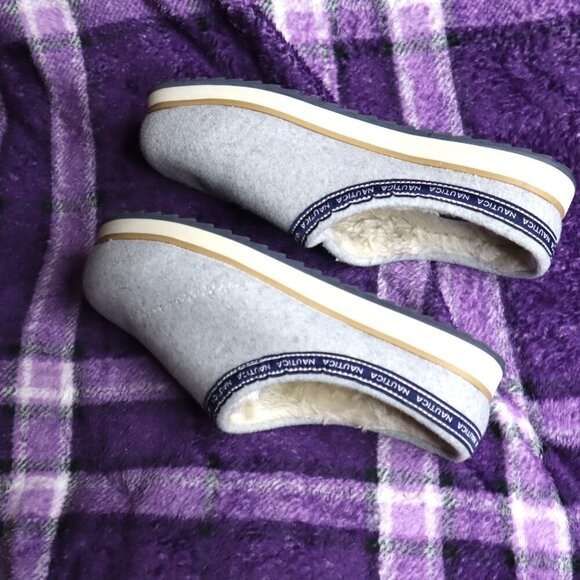 GREY SCUFF SLIPPERS 6.5 Nautica Blue Fleece Spring Fall Warm Casual Logo - Picture 4 of 10